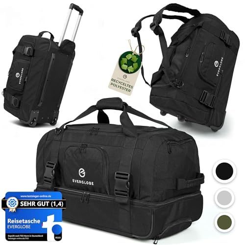 EVERGLOBE Reisetasche mit Rollen 60l Klein - 3in1 Tasche + Trolley + Rucksack | Reisekoffer mit Rollen Travel Bag Sporttasche Duffle Bag Koffer Urlaub Reise Outdoor Sport | Damen und Herren Schwarz