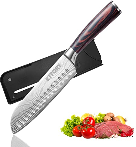 Kitory Santokumesser Kochmesser Klingenlänge 17 cm, Scharfer Santoku Messer Küchenmesser Ergonomischer Griff mit Geschenkbox und Klingenschutz