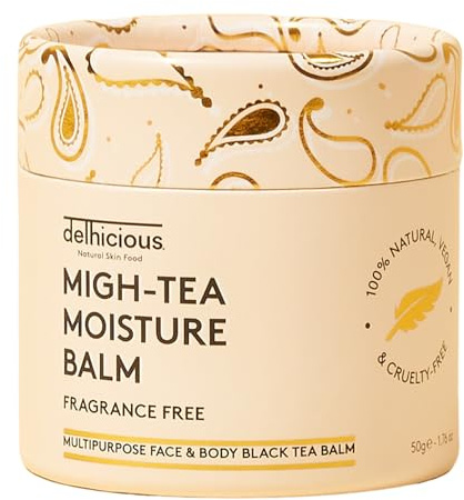 Delhicious Fragrance Free Face & Body Balm for Dry Sensitive Skin - Eczema Relief, Psoriasis Treatment - Migh-Tea Moisture Shea Butter Moisturiser - Multipurpose Balm - Natural, Vegan, Ayurveda - 50g