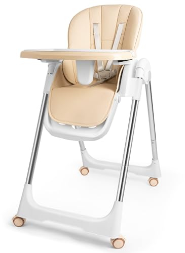 Kidsbuddy Hochstuhl Baby，Kinderhochstuhl Klappbar Baby mit Sicherheitsgurt,Tablett,Fußstütze,Liegefunktion，Einfach zu Reinigen,Babystuhl,Baby Essen Stuhl,Kinderstuhl ab 6 Monate bis 6 Jahre,Beige