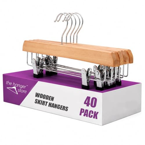 The Hanger Store - 40 Pack Eco Skirt Trouser Hangers with Clips, FSC® Wood | Wooden Skirt Hangers with Clips, Sustainable Eucalyptus Wooden Hangers, Chrome Swivel Hook, Adjustable Rubber Dipped Clips