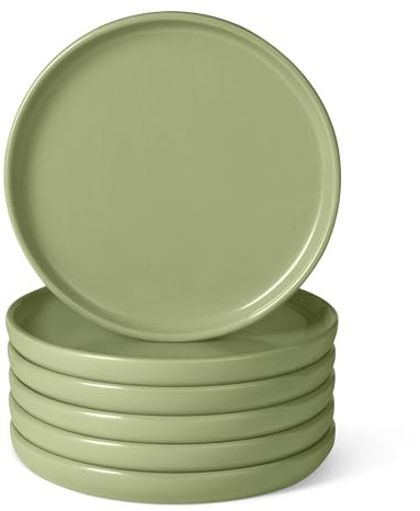 Amazon Basics Glazed Stoneware Salad Plates, 6-Piece Set, Microwave and Dishwasher-Safe, 21.08cm, Olive