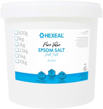 Hexeal Pure Value Epsom Salt 2.5kg – 2.5kg Bucket of Food Grade Magnesium Sulphate for Bathing, Gardening & Household Use – Suitable for Personal Care, Soil Enrichment, and More