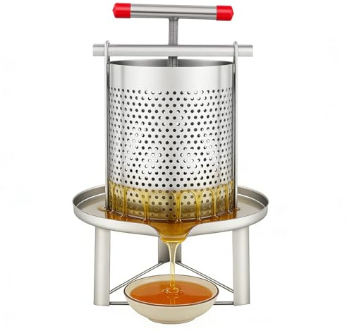 10L/2.6Gal Beeswax Press Machine & Honey Extractor​​, Stainless Steel Manual Press with 0.19in Filter Holes & Nylon Screen for Home/Commercial Use