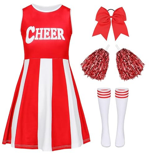 XFOZDM Disfraz de animadora para niños y niñas, disfraz de animadora, uniforme, vestido con goma para el pelo, pompones y calcetines, disfraz para niños, carnaval, Halloween, fiesta, rojo, talla 140