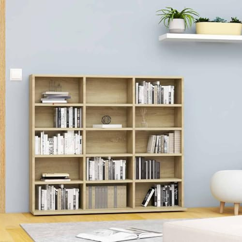 Mokuyary CD-hylla Sonoma-ek 100 x 23 x 89,5 cm trämaterial, hylla förvaring med 15 fack för CD-skivor, DVD-skivor, monter, mediaförvaringsskåp, bokhylla för sovrum