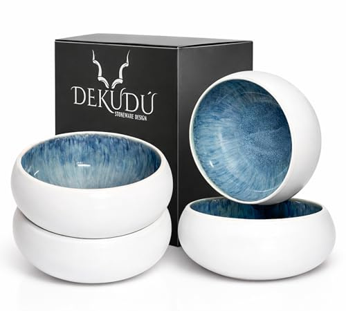 DEKUDÙ Ciotola colazione Piatti Moderni Ciotole Zuppa Ceramica Gres di Qualità - Realizzata a mano - 4 pezzi ∅ 15,5 cm - Elevata durezza - Lavabile in lavastoviglie e Adatto microonde - Bianco