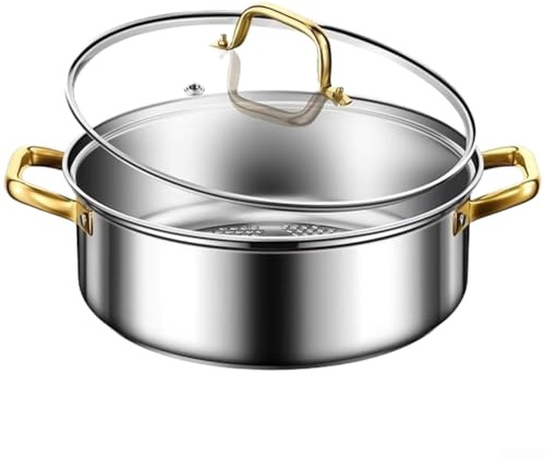 Feeshoppher Olla de pato mandarina de acero inoxidable dividida para estufa de inducción y estufa de gas, ollas calientes de pato mandarín con asas y tapa de vidrio para reuniones familiares y comidas