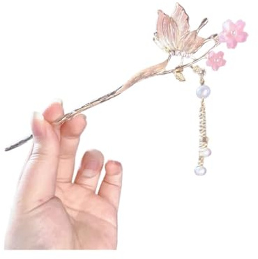 Forcine per capelli a forma di farfalla con fiori rosa e perle, forcelle in lega color oro, gioiello cinese da donna per abito Hanfu, gioielli cinesi (S2)