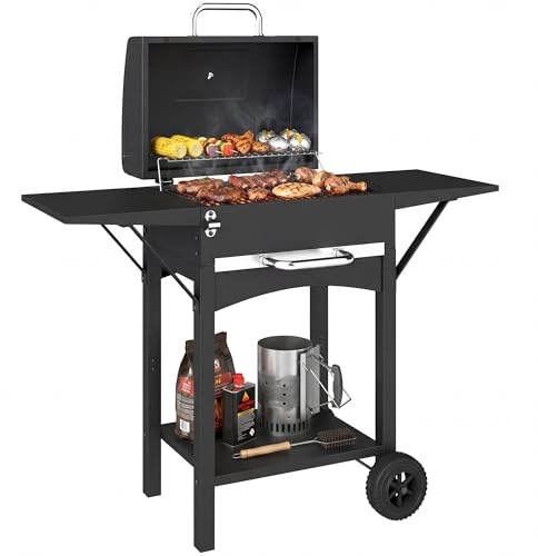 Outsunny Barbecue Carbonella Carrello con 2 Ripiani Laterali, Barbecue Portatile Affumicatore con Termometro, Griglia, Coperchio, Ruote Manico Acciaio Inox, BBQ Carbonella per Giardino Campeggio, Nero
