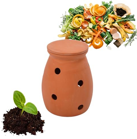 Relaxdays Composteur à enterrer 1 L, Vase à vers pour déchets de Cuisine, Couvercle, Jardin et Potager, Terre Cuite