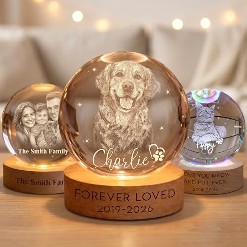 UIDMEN Personalized Pet Memorial Night Light, 3D Photo Crystal Ball, Dog Loss Keepsake, Engraved Picture Lamp, Pet Memorial Gift for Dog Lovers Cat Lovers, Birthday Anniversary Xmas Gifts