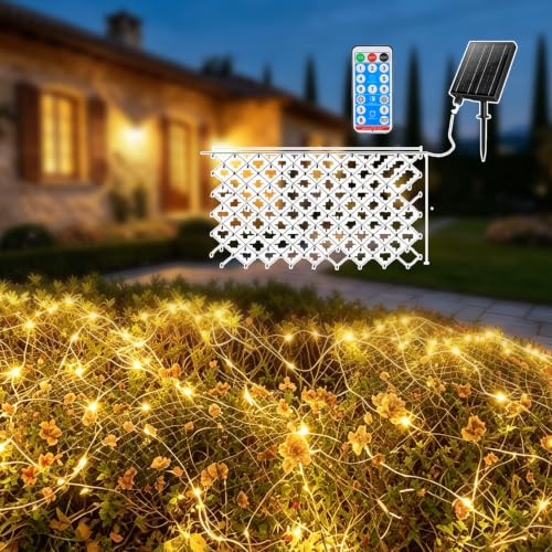 AXVRAV 3x2M 192er LED Solar Lichternetz Außen, Lichterkette Netz Outdoor für Bushes mit Fernbedienung,Timer, 8 Modi & Wasserdicht, Garten Baum lichterkette Aussen für Büsche Zaun, Hinterhof(Warmweiß)
