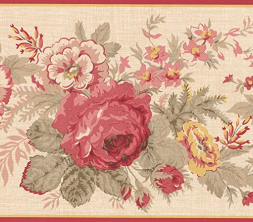 Red Yellow Blooming Flowers Floral Wallpaper Border Retro Design, Roll 15' x 6''