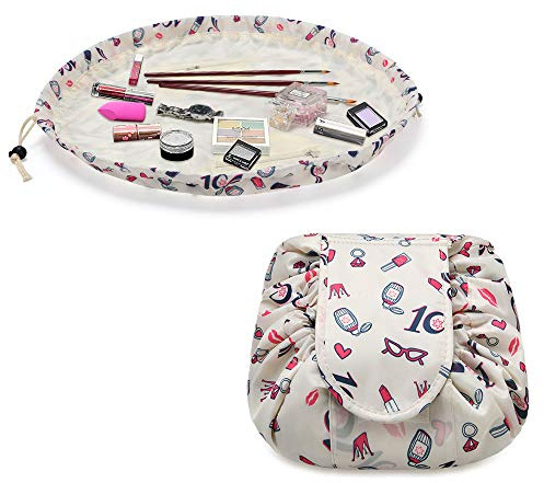 URAQT Makeup Bags for Women, Lazy Drawstring Cosmetic Bags, Large Capacity Flat Toiletry Bags, Waterproof Portable Travel Makeup Organiser