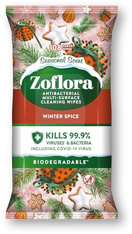 Zoflora Winter Spice Biodegradable Wipes, Antibacterial Multi-surface Cleaning Wipes, Kills 99,9% of Bacteria & Viruses, Convenient, Quick Cleaning, 1 Pack (108 Sheets)