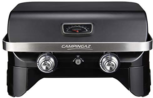 Campingaz Attitude 2100 LX Barbecue gaz de table, transportable, 2 brûleurs acier, puissance 5kW, barbecue gaz de camping avec grille maintien au chaud, thermomètre, grille de cuisson fonte et plancha