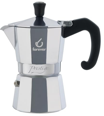FOREVER Caffettiera Moka Alluminio, Miss Moka Prestige, Caffettiera Moka per Casa, Caffettiera Portatile per Viaggio, inclusa Guarnizione in Silicone (2, Tazze)