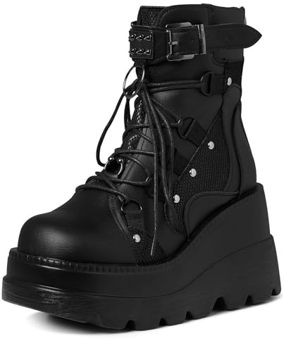 Tscoyuki Platform Ankle Boots for Women Chunky High Heel Booties Goth Round Toe Combat Boots Women Lace Up Motorcycle Wedges