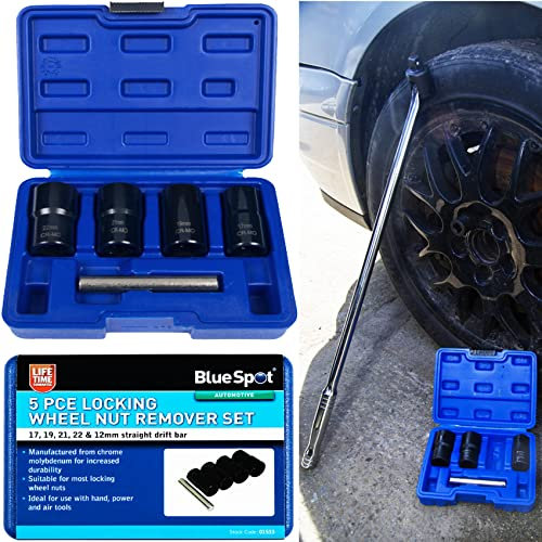 5 Pcs BlueSpot | Universal Impact Locking Wheel Nut Remover Set | 17, 19, 21, 22mm & 12mm Straight Drift Bar | Vehicle Parts & Repair Accessories | Engine | Hand Tools | DIY | UK Free P&P
