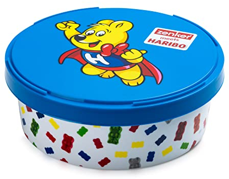 Zenker meets Haribo Vorratsdose als Aufbewahrung für Snacks und Süßigkeiten – Frischhalte-Dose aus Kunststoff mit süßem Goldbär-Design – Runde Dose für die Küche, Blau/Bunt