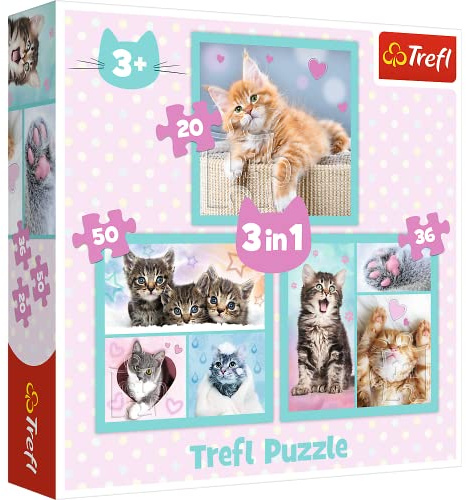 Trefl - Animali Carini - Puzzle 3 in 1, 3 Puzzle, da 20 a 50 pezzi - Puzzle Colorati con Animali, Gatti, Collage Diversi Gradi di Difficoltà, Divertimento Creativo, per Bambini dai 3 anni in poi