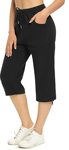 Totatuit Pantalones de Chándal Capri de Mujer Puro Algodón Pantalón de Jogging 3/4 para Mujer con Bolsillo Pantalon Ancho para Yoga y Correr Negro L