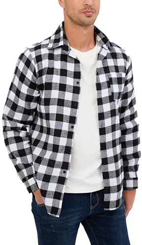 Yukiuiny Camicia Flanella a Quadri 100% Cotone per Uomo Maniche Lunghe - Blusa Casual con Chiusura a Bottoni(Bianco Nero,S)