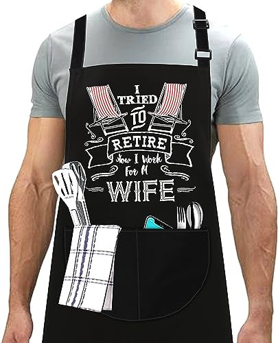 LINEN CLOSET® Funny Bbq Aprons for Men Chef Cooking Kitchen Aprons Christmas Grilling Gifts for Dad Son Father Husband with 2 Pockets Retire Apron