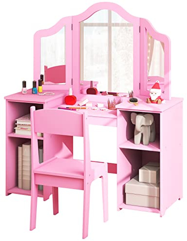 LIFEZEAL SpecchieraTrucco Toeletta per Bambina, con Specchio Rimovibile, Sgabello e 4 Scomparti Aperi, Postazione trucco Bambina, in Legno, Tavolo 3+ Anni (rosa)