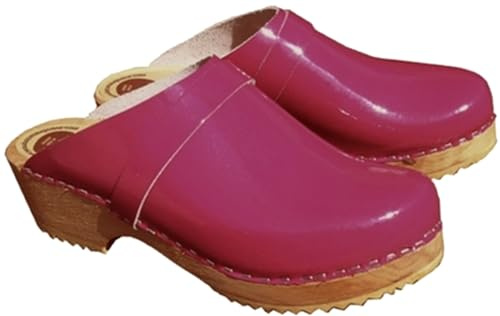 Zuecos Cuero y Madera Suela Suave PU Barniz Fuc, fucsia, 34 EU