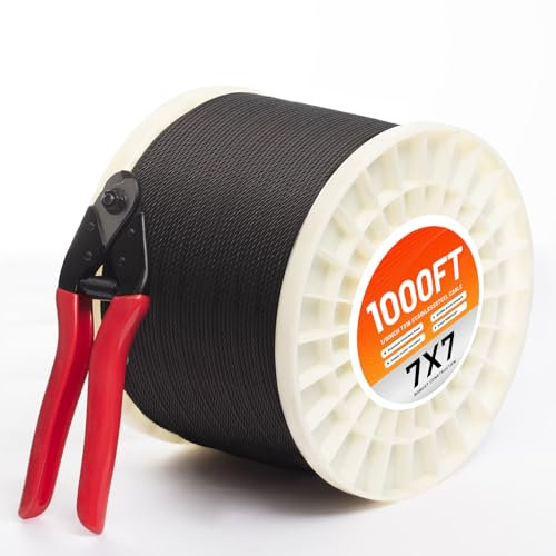 1000FT 1/8 Black Stainless Steel Cable Kit for Deck Railing, Premium T316, 7x7 Strands, 1/8 Wire Rope with Cutter, DIY Balustrades