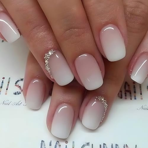 24 Pezzi Press on Nails Corte Quadrate Gradiente Rosa Chiaro Francese Glitterate Unghie Finte Adesive Unghie Artificiali Colorate Acrilico Copertura Completa Stampa sulle Unghie per Donne Ragazze