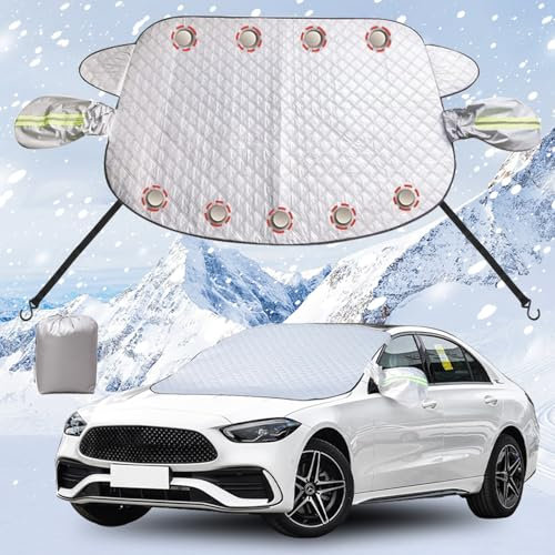 KUKKUME Car Windshield Cover Thickened Windscreen Sun Shade Frost Ice Snow Cover Protector with Magnetic Edges Reflective Side Mirror Cover and Elastic Straps Hooks for Cars Suvs