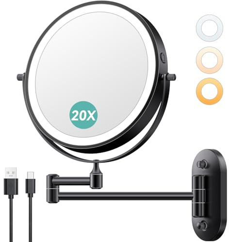Auxmir 1X/20X Wall Mounted Makeup Mirror, 8 Rechargeable Magnifying Mirror