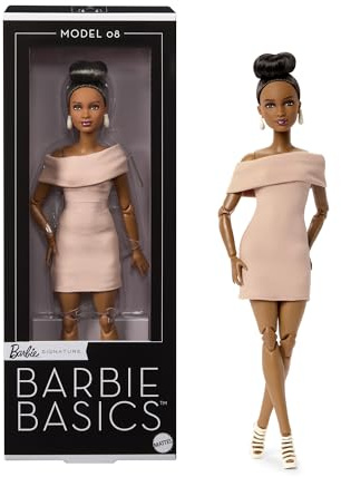 Barbie Basics Model Collector Fashion Doll 08 with Brunette Hair in Tan Dress & Strappy Heels, Universal-fit Fashions & Posable Body, JJX27