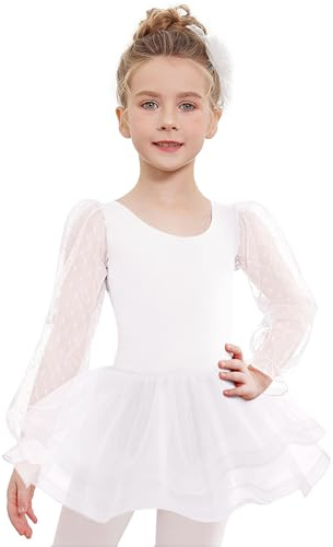 Arshiner Balettkläder, flicka, puff, långärmad barnbalettklänning, balettdräkt, dansklänning, tutu, balett, dansbody med 4-lagers tyll, 2–8 år, Vit, 130