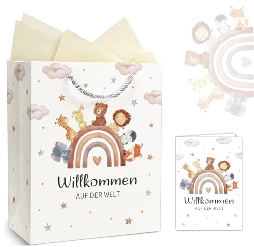 Geschenktüte Baby Geburt, Geschenktasche mit Glückwunschkarte, Geschenke zur Geburt Junge & Mädchen, Geschenkverpackung Papiertüten mit Henkel und Seidenpapier - Willkommen AUF DER WELT