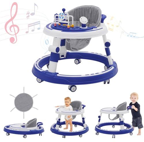 Löparningshjälp Baby Walker 5-i-1, med lekset och golvmatta avtagbar bricka och leksak, vikbar gåstol, perfekt som promenadhjälpmedel för de första stegen hos din lilla