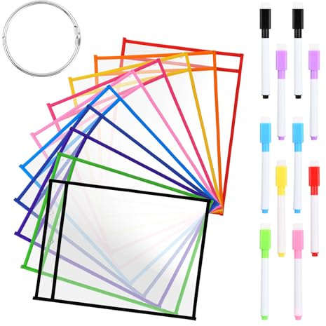 10 Pièces Pochettes Effaçables à Sec Réutilisables, A4 Pochette Transparente D'enseignement, Protecteurs de Feuille en Plastique, Dossier Effaçable à Sec avec 10 Stylos, Anneaux (A)