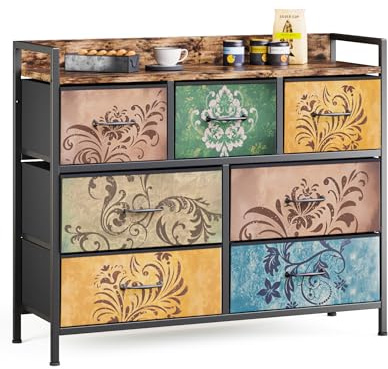 Mondeer Chest of Drawers, 7 Fabric Drawers Dresser Cabinet with Retro Floral Prints and Vintage Handle, for Bedroom Living Room Entryway, Rustic Brown