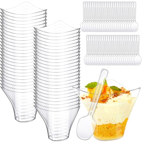 NXPZ 50 piezas Vasitos para Postres, 100 ml Vasitos de Plástico, Tazas de Postre de Plástico Reutilizables Vasitos para Postres Transparentes para Pudín, Mousse, Helado, Cumpleaños, Bodas