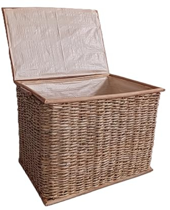 Cesto Baule Porta Biancheria in Cordoncino di Banano con struttura in robuste canne di Rattan Cm 52X36X40 H Contenitore Salvaspazio con Coperchio per Bagno, Camera e Lavanderia