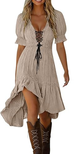 Vestidos Verano Mujer 2026 Moda Cuello en V Boho Vestido de Manga Corta Color Sólido Vintage Cintura Alta A-Línea Vestidos Largo hasta La Rodilla Sexy Vestido de Playa Vacaciones Versátil Midi Dress