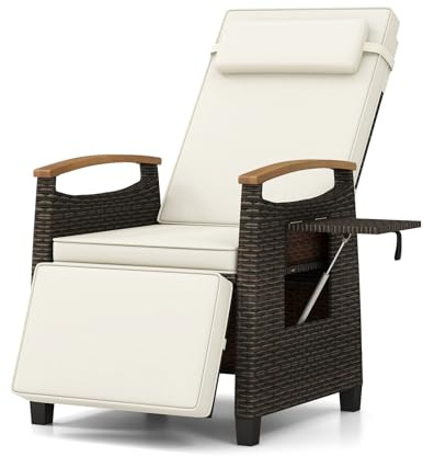 COSTWAY Chaise Longue Jardin en Rotin PE, Dossier & Repose-pied Réglables, Charge 180 kg, Fauteuil de Jardin, Tablette Latérale Rabattable, Appui-tête et Coussin Amovible, pour Piscine Salon (Blanc,1)