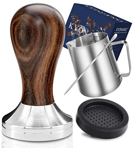 KYONANO Tamper 51 mm, Kaffee Tamper aus Edelstahl 304 & Chacate Pretoholz, Espresso Tamper inkl. Tampermatte, Milchkännchen[350ml], E-Books–Barista Set kompatibel mit Delonghi