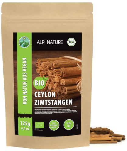 Alpi Nature Ceylon Kanelstänger BIO 125g, Ekologiska Hela Kanelstänger 80mm, ca 14-16 per Påse
