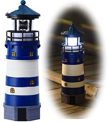 Phare solaire décoratif – Phare solaire de 30 cm de haut avec balise rotative, décoration de phare rotatif à 360 degrés, meilleur cadeau pour les enfants (rond, bleu)