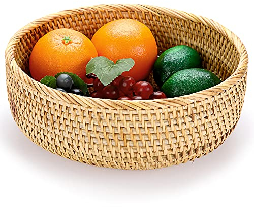 IGNPION Cesto rotondo in rattan intrecciato per frutta, pane, snack, tavolo, tavolo, piano di lavoro, decorativo, cestini portaoggetti