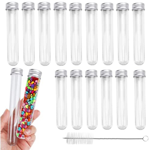 JUNMEIDO 30PCS Tubos de Ensayo de Plástico Transparente Tubos de Ensayo de Laboratorio 45ml Tubo de Ensayo Plastico para Dulces con Tapa de Aluminio y 3 Cepillos de Limpieza para Flor Frijol Líquidos